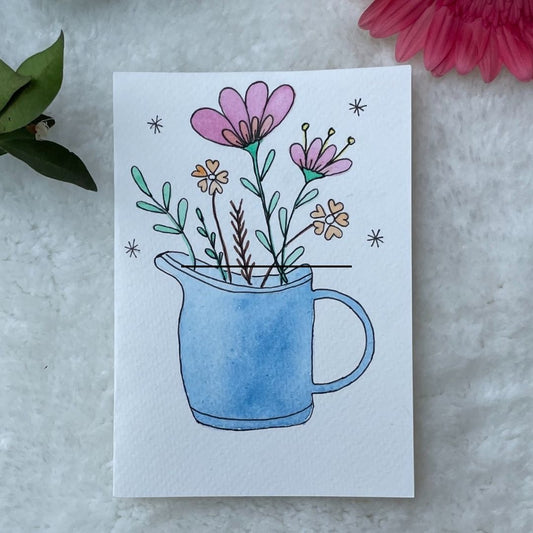 Blue Watering Floral Can Watercolour Art