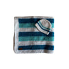 Blue and white striped baby blanket with a baby beanie, hand crocheted