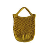 A yellow crocheted tote bag with a net design, displayed against a white background.