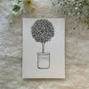 Plant with tiny leaves along with a pot sketched in black and white on a greeting card placed on a soft white cloth with flowers in the background