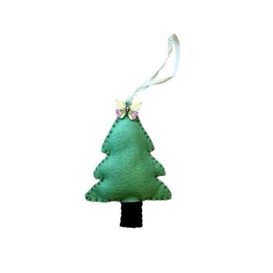 Light Green Christmas tree with a butterfly accent and green hang tie places against a white background