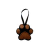 Black and Brown paw print felt ornament with a black hang tie placed against a white background
