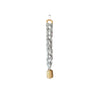 Light grey macrame wall hanging with a swiss bell