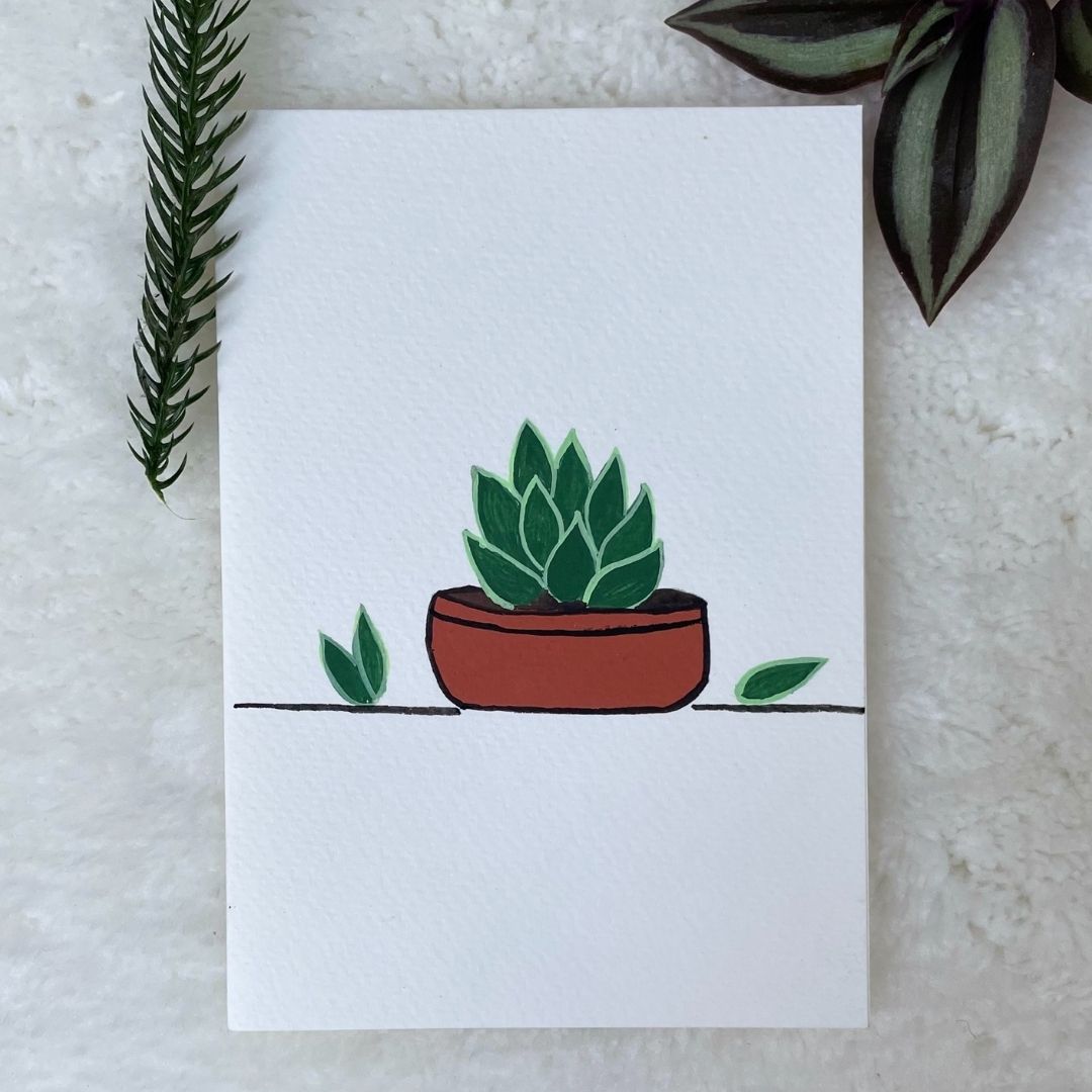 A hand-painted greeting card with illustrations of three plants in pots, placed on a white background with a partial view of a plant to the left and a decorative branch to the top right.