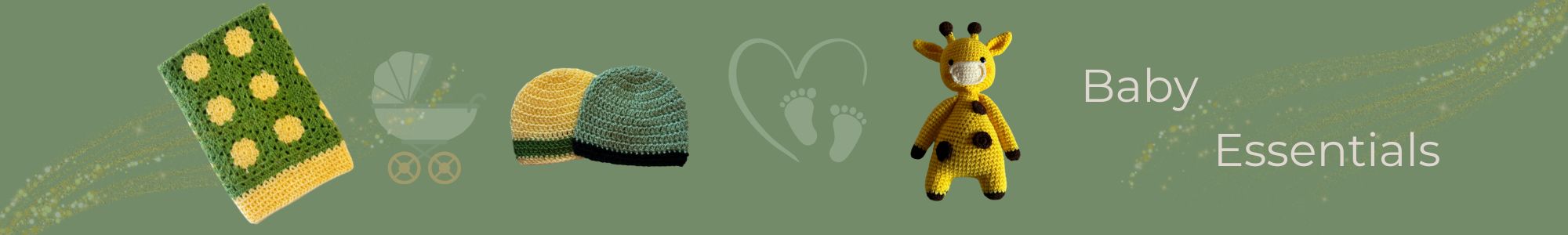 Collection of baby -a crochet baby blanket, crochet pair of baby beanies and a crochet plush towy on a decorative olive green background with the text - Baby essential written on the right side