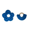 Two blue crochet wooden teethers on a white background
