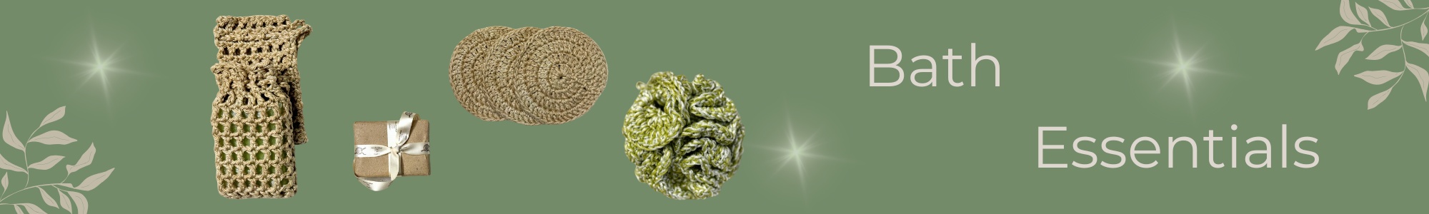 Collection of crocheted bath products with 'Bath Essentials' text on a green background