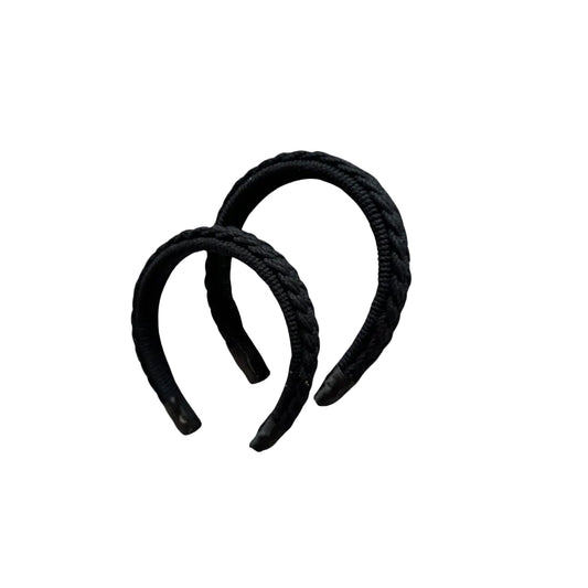 A pair of black macrame hairband displayed against a white background.
