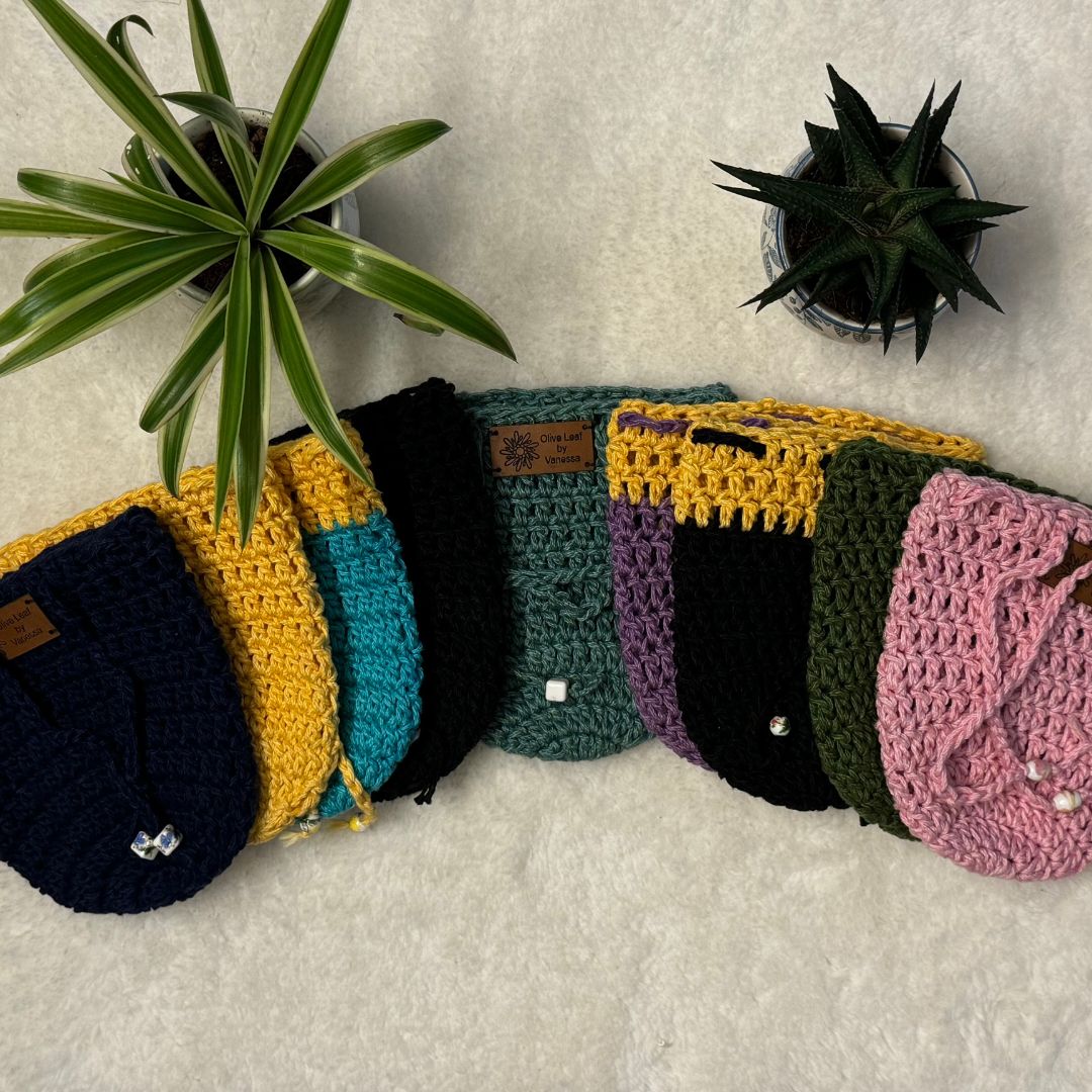 Pot cozy cover collage placed on soft white fabric with small pot plants in the background